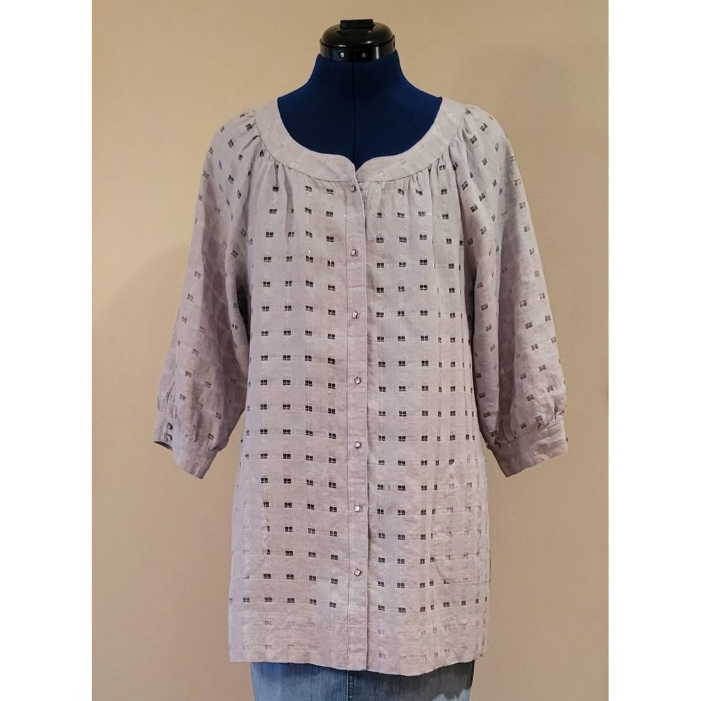 Chico’s Linen Blend Button-Front ¾ Sleeve Tunic, Grey w/ Silver threads, Size M